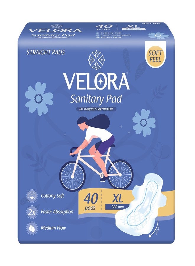 Velora Soft Feel & Rash Free XL 40 Pads | Wider Back for Extra Coverage |Quick Absorption| Medium Flow Straight Sanitary Pads for Women & Girl (40 Pads-280MM) - Image 1